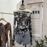 Vintage Graffiti-Printed Shoulder-Threin Mesh Long-Sleeved Blouse Side Drawstring Tethered With Slime T-Shirt 8959