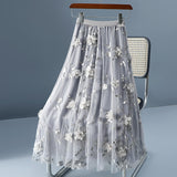 2025 Spring And Summer New High-Rise Thin Double Mesh Yarn Three-Dimensional Flower Half-Body Skirt Long Fairy Dress
