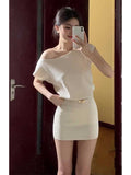 Super Nice Beautiful White Knitted Shoulder Short Sleeve Dress Gentle Korean Temperament Pocket Ass Short Skirt