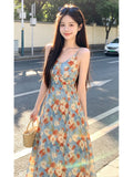 French Oil Painting Slings With A Tie Dress 2026 New Summer Seaside Holiday Wear Sweet Thinch Waist Dress