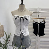 Real Shot With Chest Pad Lotus Leaf Edge With Bow Tector-Bossed Waist-Opened Hottie Sleeveless Top 9332