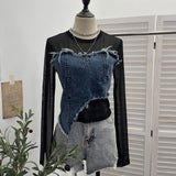 Design Feel Niche Cowboy Splicing Long-Sleeved Mesh T-Shirt Girl Summer Round Collar Dress Short Top 2617