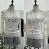 Real Shooting With Thin Velvet Lining Of The Bottom Shirt Wave Dot Mesh Long Sleeve With Top Collar Slim T-Shirt Woman 2801