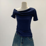2026 Early Spring Temperament Hottie Twisty Design Slanted Shoulder Short-Sleeved T-Shirt Commuting Summer New Pure Desire