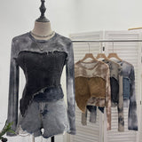 Vintage Dye Mesh Spliced Denim Shoulder Long-Sleeved T-Shirt T-Shirt T-Shirt Dress 2617