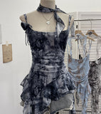Real Shooting Retro Tie-Dye-Print Mesh Sling Sling Sling Vest Irregular Lotus Leaf Edge Ribbon Sleeveless Top 1185