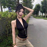 Spice Girls Hanging Neck Black Sling Vest Women Wear 2025 Low V Neckless Cuffless Back With Mesh Yarn Short Top