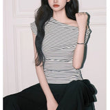 2025 Korean Version Of The Simple Unique Summer Short-Sleeved T-Shirt Women's Design Sense Of Niche Oblique Shoulder Thin Striped French Top