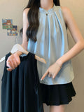 Korean Sleeveless Hanging Neck Shirt Women's Spring New Fashion Collar Design Feel Folded Blue Top Tide