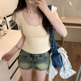 Low-Round Collar Solid Color Short-Sleeved T-Shirt Women 2025 Early Spring New U-Neck Bamboo Festival Cotton Slimming Top