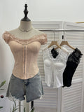 Real Shot Lace Splicing Mesh Yarn Bra Vest Summer Hook Buckle Fish Bone Girded Short Shirt 2878