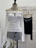 Vintage Cross Letter Print Slanted Shoulder Long-Sleeved T-Shirt T-Shirt Repair Babes Top 1633