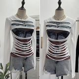 Real Shooting Design Y2k Vintage T-Shirt Prints Long-Sleeved T-Shirt Slimming Bottom Top 1176