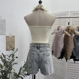 Real-Shooting Bow Hair Spliced Hanging Neck Vest Women In Autumn And Winter With Sleeveless Outside Wearing Short Babes Top 9309