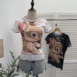 Rabbit Print Wave Point Double-Layer Mesh Yarn Short-Sleeved T-Shirt Girl Summer Hottie Fake Two Thin Tops 1591
