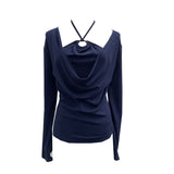 Real Shooting Explosion Hanging Neck Hollow Two Collar Long-Sleeved T-Shirt Folded Bottom Shirt 2769