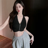Hanging Neck Sling Vest Women Summer Wearing High-End Feel Shoulder Sexy Sweet Hottie Zipper Short Sleeveless Top