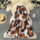 Vintage Print 100-Fold A-Word Niche Dress Women High Waist Thin Design Sense Commuting High-End Long Dress
