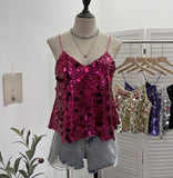 Real Shoot Hottie Sexy Night Club Heavy Bling Flash Shiny V Tie Sling Vest Sleeveless Top 3032