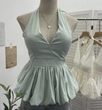 French Retro Hanging Neck Tie With Bare Back Sling Skirt Folded Short Sleeveless Top Woman 9225