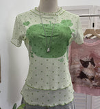 Double-Layer Screen Printed Short-Sleeved T-Shirt For Women's Summer New Dopamine Sweet Moringe Ear Top 2916