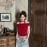 Red Pure Desire To Hang The Neck Collarbone Word Shoulder Short Sleeve T-Shirt Girl Summer Sexy Short Wrinkle Folded Coat Gray