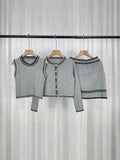 Small Fragrant Knitted Suit Long Sleeve Open Shirt Coat With Vest Top Dress Women Autumn Half Dress Three-Piece Set