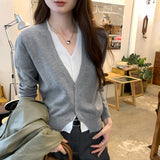 Lyselle Silk Wool Chic Coloring Fake Two V-Neck Knitted Cardigan Sweater Autumn And Winter New Short Top