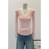 2026 Early Spring Pit Strip V Collar With The Bottom Of The Knitted Shirt Women's Autumn Minimalist High-End Feeling Long-Sleeved Top