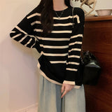 Autumn And Winter Lazy Wind Stripe Round Collar Blouse Korean Chic Chic Age Reduction Long-Sleeved Loose Knitted Shirt Woman