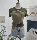 Solid Shooting Denim Splicing Mesh Yarn Short-Sleeved T-Shirt Summer Dress Irregularly Short High-Waist Repair Body Coat 26171