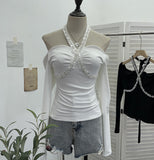 Real Shooting Heavy Industry Drill Hanging Neck With A Word Shoulder Long-Sleeved Top Repair Slim Short-Bottomed T-Shirt