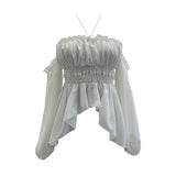 Han Jie Pure Want To Hang The Neck With A Word Shoulder Long Sleeve Blouse Folded Short Chiffon Shirt Female 9635