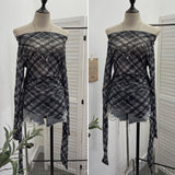 Vintage Lattice Mesh Long-Sleeved T-Shirt Irregularly Drifted Y2k Oblique Shoulder Short Top 8073