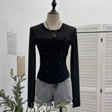 Small Personality Camouflage Mesh Spliced Long-Sleeved T-Shirt Short Repair Cloth Woman 8107