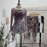 Real Shooting Swing ë·ë· ɴ Mesh Stitching Lace Long Sleeve Bottom Top Irregular Ribbon Design T-Shirt 1322