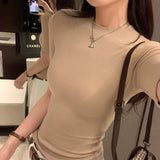 Beautiful And Beautiful Solid Color Sleeve T-Shirt Girl Summer 2025 New High-End Small Body Body On The Shoulder