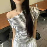 Small Design With A Slanted Shoulder Short-Sleeved T-Shirt Hottie Slimming Alone Special To The Side-Striped Top Summer