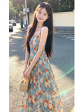 French Oil Painting Slings With A Tie Dress 2026 New Summer Seaside Holiday Wear Sweet Thinch Waist Dress