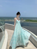 French Temperament Mint Green Hanging Neck Sling Dress Women Summer Sanya Seaside Vacation Show Big Dress