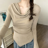 2026 New Year's Red Design Sense Niche Folds Irregularly Led Long-Sleeved T-Shirts For Women's New Bottoming Shirts