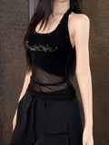 Pure-Want-Style Sexy Black Mesh Hanging Neck Vest Women Summer New Wear Sweet Cool Hottie Sleeveless Top