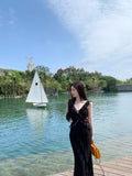 Pure Lust Style Lace Splicing Dress Girl Summer Hottie Long Dress Waist Sexy Lotus Leaves Side Of The Hip Fishtail Skirt