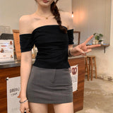 Korean Pure Sexy Hottie Shoulder-To-Shoulder Bra Short-Sleeved T-Shirt Girl 2025 Summer New Shoulder Repair Body