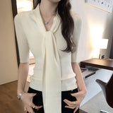 French Chic Hottie V Tie With Slim Short-Sleeved Knitted Shirt Women's Spring And Summer 2025 New Temperament Thin Top