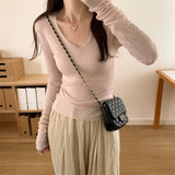 V-Neck Long-Sleeved Knitted Shirt Woman 2025 Early Autumn New Design Sense Slimming Slimming Bottom Top