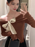 Small Fragrant Wind Bow Bottom Knitted Shirt Long Sleeve Autumn And Winter Single Shoulder Pure Desire Red Top Inside Put On The Inside