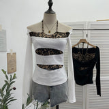 Real Shooting With Hanging Neck Leopard Print Splicing Two Long-Sleeved Tops A Short Shoulder Bottom T-Shirt 28787