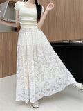 French Heavy Industry Embroidery Hook Hollow Dress Woman 2025 Spring Korean Loose Waist Big Swing Gentle Style Long Dress