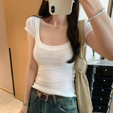 Lyselle Silk Wool Thin Pure Windy Pink U Collar Shoulder Short-Sleeved T-Shirt Women 2025 New Beautiful Top